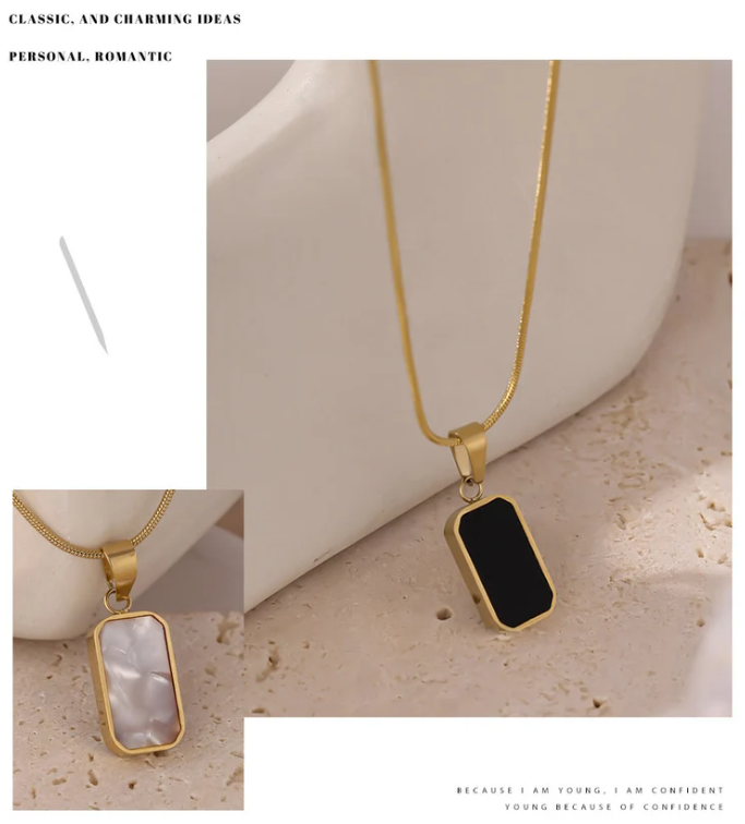 Gold Plated Stainless Steel Double-Sided White and Black Dainty Necklace Pendant Necklace for Women Bridesmaid Necklace Minimalist Necklace