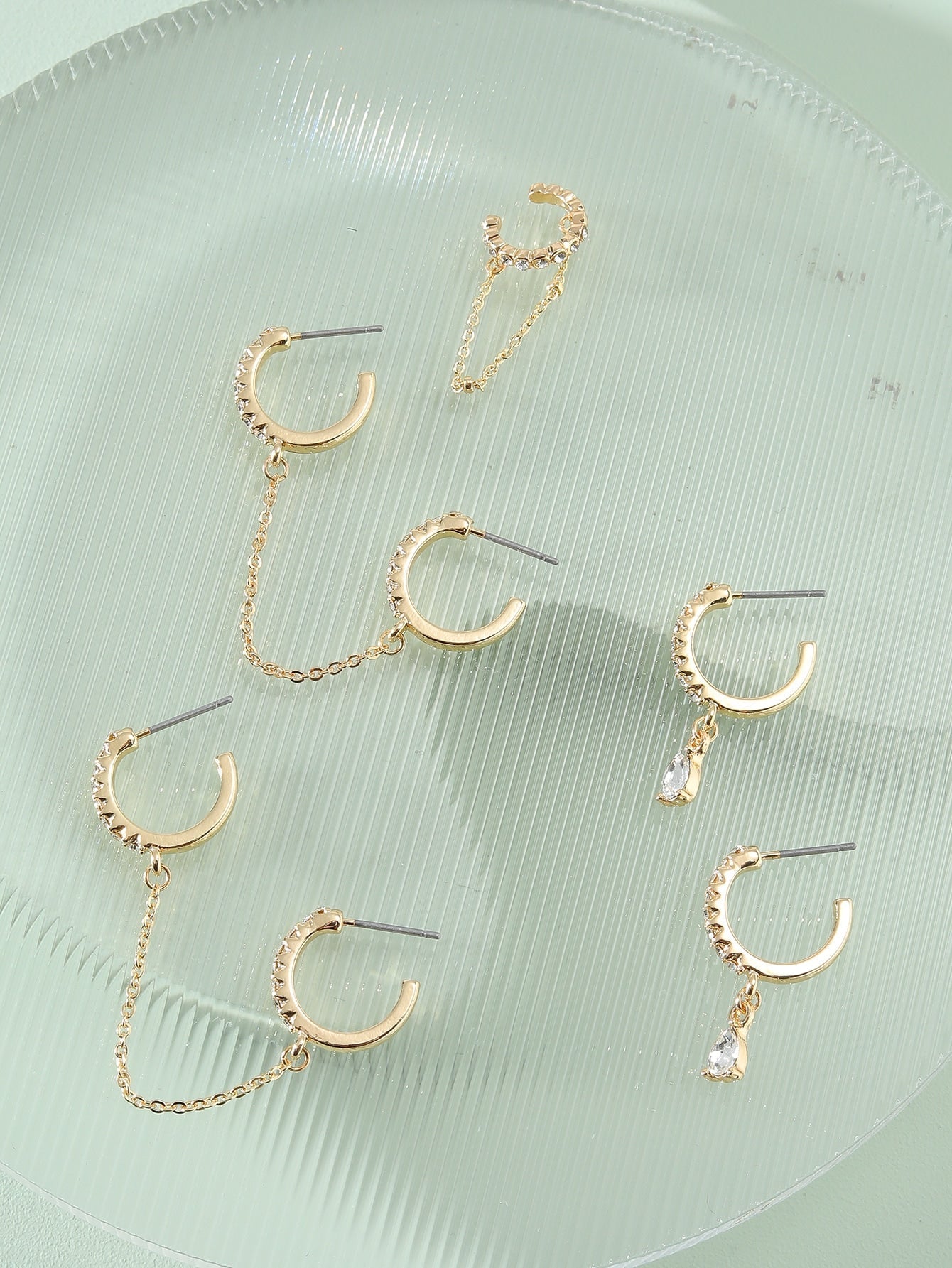 2pairs Rhinestone Decor Earrings & 1pc Ear Cuff - Gold