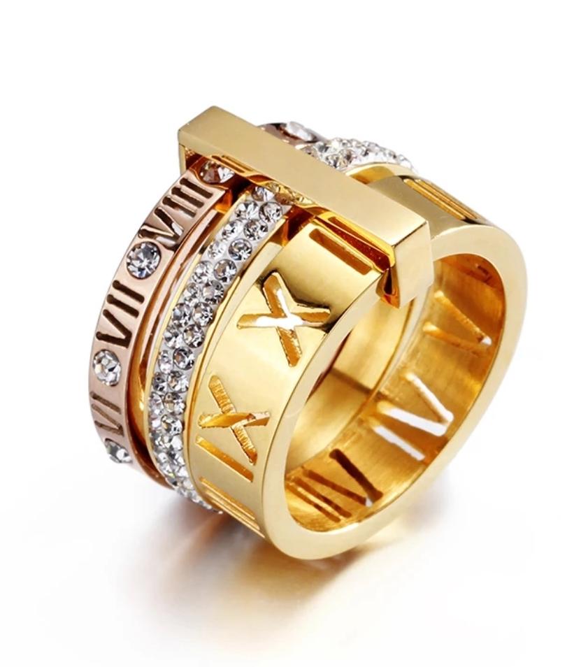 Rose Gold & Gold Triple Stacked Roman Numeral Band Ring